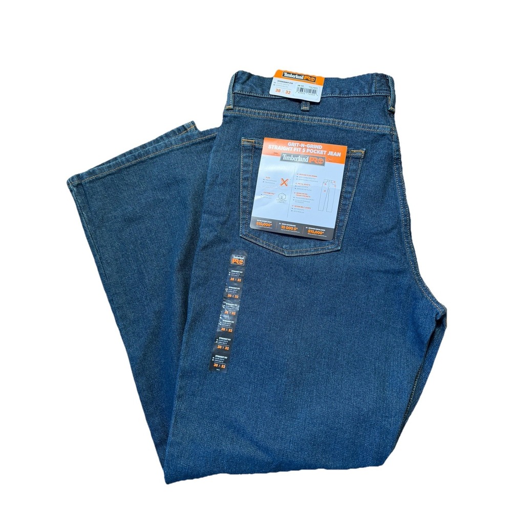 Timberland Pro Men SZ 38x32 Blue Dark Wash Straight Fit Grit & Grind Jeans NWT